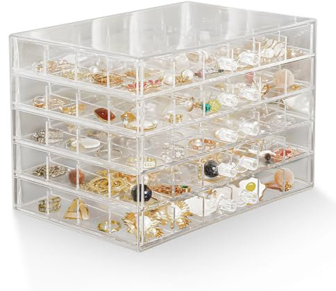 TACYKIBD Clear Earring Storage Organiser, Clear Acrylic Jewellery Storage Box with 5 Drawers, Transparent Earring Display Case 120 Small Compartments for Earring Bangle Bracelet Rings