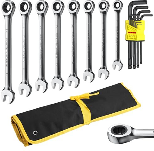AMTOVL 8Pcs Ratcheting Combination Wrench Set & 9Pcs Allen Keys, Metric 8-19mm 12-Point, CR-V HRC50, Box End and Open End Wrench for Automotive Repair