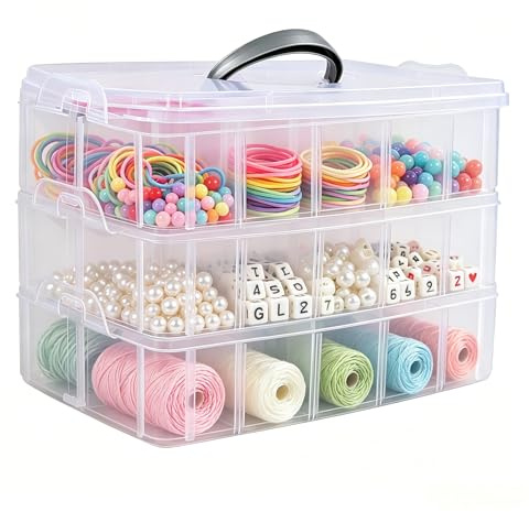 Yesdate 3-Tier Stackable Storage Container Box with Dividers-30 Compartments, Bead Organizers with Latch Lid for Art Craft Storage, Washi Tape, Ornaments, Jewelry, Beauty & Sewing Supplies