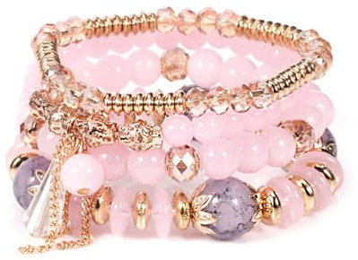 APMGONT Boho Kristall Perlen Armband, 4 Stück Boho Quaste Armbänder für Damen, Natürliches Kristall Heilsteine Armband, Statement Armreifen für Weihnachten, Valentinstag, Geburtstag (Rosa)