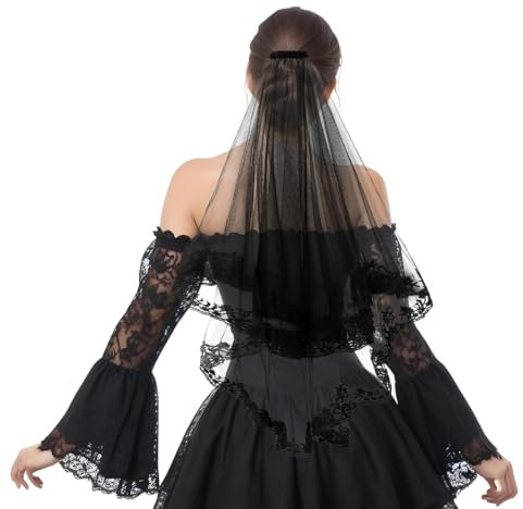 Amabro Schwarzer Schleier, Halloween Spitzenschleier, Braut Hochzeitsschleier, Doppellagiges Netz Brautschleier Stirnband mit Kamm Halloween Hexe gruseliges Kostüm Kopfbedeckung für Frauen und Mädchen
