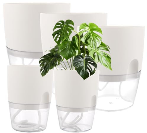 FWEEK 5 Stück Kräutertopf Blumentopf Selbstbewässernd, 15.3cm/10.5cm/8.2cm Kräutertopf Plastik mit Selbstbewässerung und Wasserspeicher, Kräutertopf Küche Set für Fensterbank, Küche, Weiß