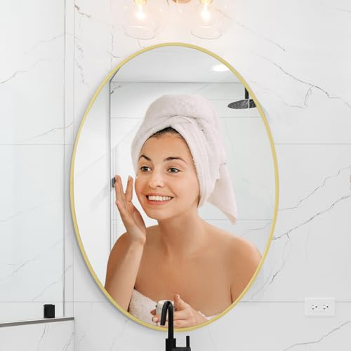 LunaMirror Oval Wandspiegel 51 x 71 cm Gold - Modernes Design für Badezimmer, Schlafzimmer, Eingangsbereich, Wohnzimmer, Flur - Dekorativer Badspiegel