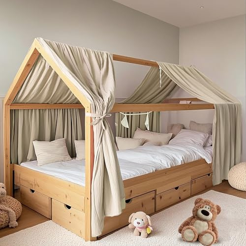 FloraVigo Baldacchino per letto a casetta, confezione da 2 pezzi, realizzato a mano in 100% mussola di cotone, baldacchino in tessuto per decorazione del letto di casa per ragazze e ragazzi (set da 2