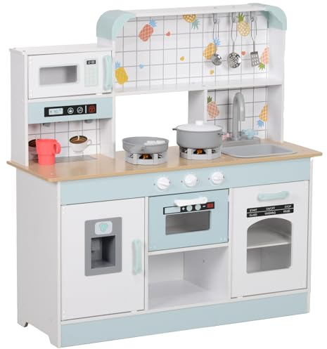 AIYAPLAY Cucina Giocattolo per Bambini da 3 Anni in Legno, Fornello con Luci e Suoni, Microonde, Macchina del Caffè, Macchina del Ghiaccio e Armadietti, Bianco