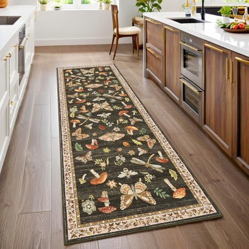ROYHOME Mushroom Insect Washable Rug 2x6 Runners for Hallways, Boho Kitchen Runner Rugs Non Slip Bath Runner, Modern Bedroom, Soft Long Entryway Bathroom Laundry Dorm, Brown