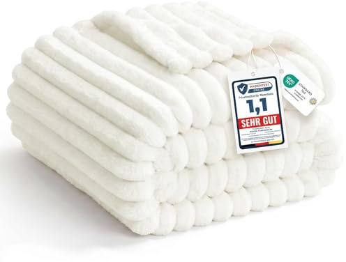 WAVVE Manta para Cama 180 – Manta XX Large con Diseño de Cordón Grueso y Rayas Anchas, Manta Franela Gruesa Cálida y Acogedora para Sofá e Invierno, Esponjosa, Transpirable, Lana Blanca, 270 x 230 cm