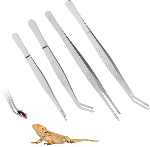 SLSON 4Pcs Reptile Long Feeding Tongs (18cm + 25cm) Stainless Steel Straight & Curved Tweezers, Fish Tank Plants Tool and Crested Gecko Lizard Snakes Feeding Clamps