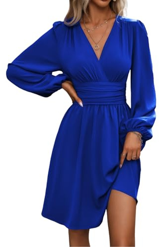 Vestido Mujer Casual Cuello en V Elegante Línea A Manga Larga Azul S