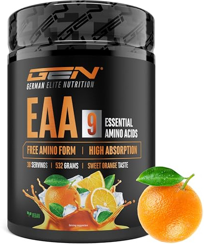 Polvo de EAA 532 g (38 porciones) - Los 9 aminoácidos esenciales incl. histidina y BCAA - Fórmula Human Code - Vegano - Muy soluble - Refrescante bebida de aminoácidos (Sweet Orange)