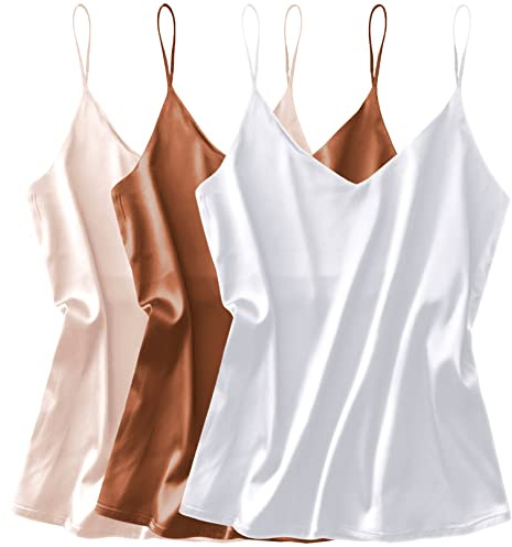 Ekouaer 3-pack dam satin undertröjor linne siden Cami Camisole spagettiremmar basic topp ärmlös blustopp S–XXL, Vit champagne brun Gp3, XXL