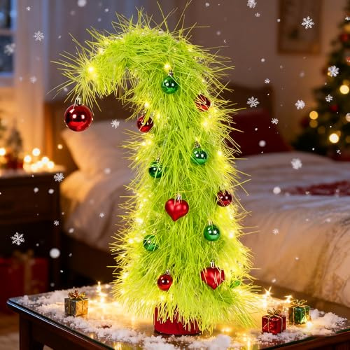 NEXSTRON Mini Christmas Tree 50cm Tabletop Grinch Tree with 13 Christmas Ornament, Whimsical Green Desk Christmas Tree Xmas Gifts for Friends and Family Christmas Decor Party Home Office Indoor