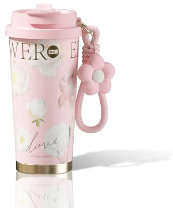 Sidagar 18 oz Travel Coffee Mug with Lid, Stainless Steel Coffee Tumbler, Resuable Insulated Coffee Cup Gifts for Women, Floral Pink