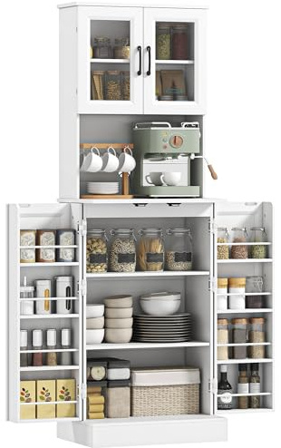 HOMCOM Küchenschrank Buffetschrank mit 4 Türen, Arbeitsplatte Hochschrank mit Verstellbaren Einlegeböden, 8 Türregalen, Kabelloch Moderner Vorratsschrank für Wohnzimmer, Küche 60 x 39,5 x 180 cm, Weiß