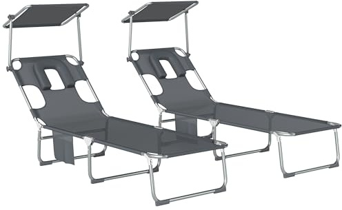 Outsunny Set de 2 Tumbonas Jardín Exterior, Tumbonas Plegables con Reposacabezas, Dosel 360°, Orificio Facial, Bolsillo Lateral, Respaldo Reclinable 5 Posiciones y Textilene 550 g/m² para Playa, Gris