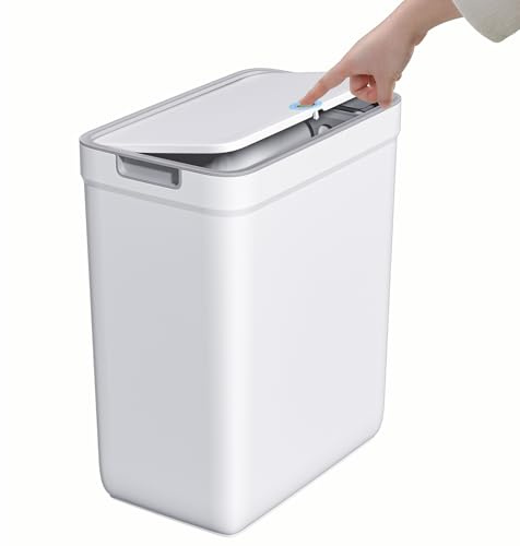 MOPUP Badrumskorg med lock, 12,7 liter/2,8 gallon, smal soptunna, tryckknappslock, lämplig för badrum, sovrum, kontor, vardagsrum (vit)