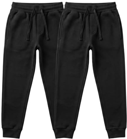 2 Pack Kids Joggers Boys Girls Tracksuit Bottoms Fleece Jogging Pants Elasticated Waist Drawstring School PE Sports Trousers Unisex Black 11-12 Year