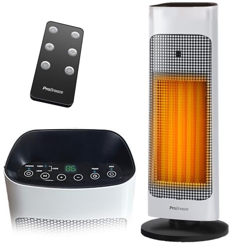 Pro Breeze® 2000W Ceramic Tower Fan Heater with Digital LED Display, Remote Control, Timer, Built-in Thermostat & 2 Heat Settings - Energy Saving Electric Heater with Eco and Fan Only Modes for Home