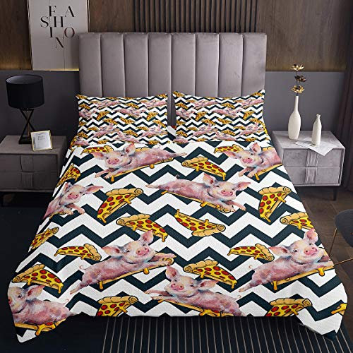 Colcha Acolchada de Cerdo de Dibujos Animados 3D con Estampado de Pizza de Cerdo para niños y niñas, Juego de edredón de porcino, geométrica, Acolchada 3 Piezas de