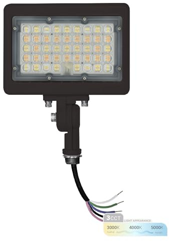 NUWATT 50W LED Flood Light, 3CCT 3000K/4000K/5000K Selectable, IP65 Waterproof Lighting, Adjustable Knuckle Mount, 7050LM, 0-10V Dimmable, 120-277V, Outdoor Security Floodlight for Yard, Bronze, UL