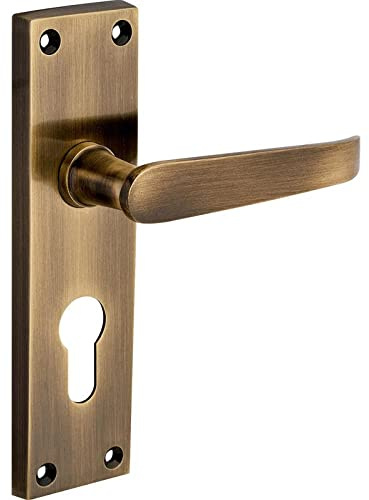 Designer Levers - Victorian Straight Lever Door Handles - Antique Brass - 1 Pair - Euro - Locking Door Handle