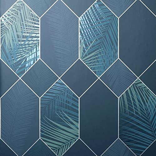 Fine Decor FD42837 UK Miami 2021 Tropical GEO Navy/Silver, Blue