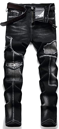 XIMXIMMTIAN Biker Jeans for Men,Slim Fit Stretch Distressed Denim Pants (32, 2130 Black)