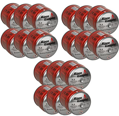 Alpen Camping IK006 Lot de 18 cartouches de gaz propane-butane perçables pour réchaud à gaz, réchaud de camping, chalumeau à souder EN417 (18 pièces)