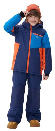 SMONTY Tuta da Neve per Ragazzi Giacca da Sci Invernali e Pantaloni Cinghie con Cappuccio Cappotto Set Impermeabile Antivento(Blu navy, 14-16)