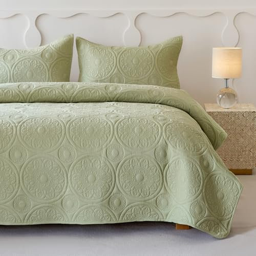 Simple&Opulence Quilted Bedspreads Double Size-3 Pcs Soft Reversible Microfiber Bed Spread Coverlet,Floral Embossed Bed Throw Set with 2 Pillowcases for Bedroom Decor,220x240cm,Sage Green