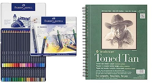 Faber-Castell 114748 - Farbstifte mit permanenter Ölkreidemine Goldfaber, 48er Set & Strathmore 400 Series Skizzenbuch, getönt, Hautfarben, 22,9 x 30,5 cm, drahtgebunden, 50 Blatt