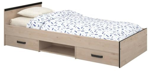 Miroytengo Cama Juvenil con 2 Cajones 1 Hueco Dormitorio Juvenil Village Roble Jackson y Negro 90x200 cm