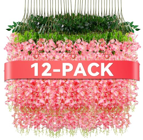 Alotiki Wisteria Hanging Flowers,Fake Hanging Flowers,Wisteria artificiales Garland for Home Wedding Arch Floral Party Garden Ceremony Outdoor Decor,3.6 feet Long(12,Pink)