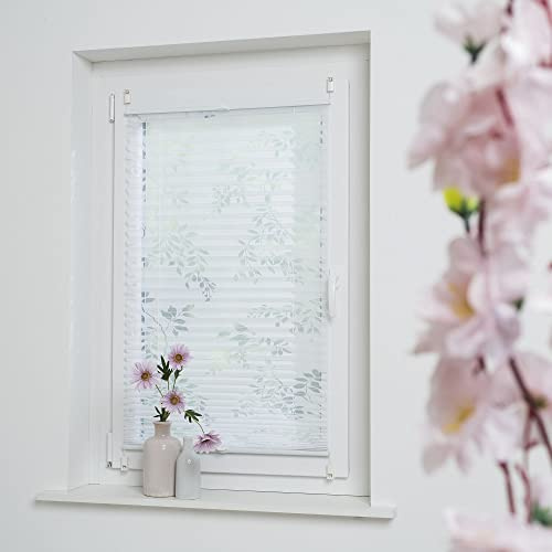 Klemmfix-Plissee mit ausgebranntem Äste-Motiv, halbtransparent, ohne Bohren oder Schrauben, inkl. Klemmträger, Breite: 80 cm/Länge: 130 cm, Farbe: weiß