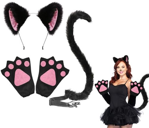 EUPSIIU 3 Stück Tier kostüm für Kinder Erwachsene, Katze Kostüm Fuchs Ohren Stirnband Fuchs Kostüm, Katzenohren Pfoten Handschuhe Katze Schwanz Tierkostüm für Party Halloween Kinder Dress Up (Schwarz)