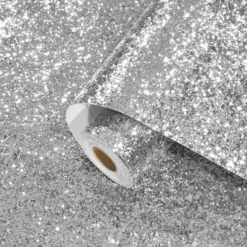 Yullpaper Peel and Stick Silver Glitter Wallpaper Thick Shining Furniture Vinyl Wrap for Cupboard Girls Bedroom Wallpaper Silver Glitter Wall Paper Roll Living Room Furniture Stickers 40cm X 800cm