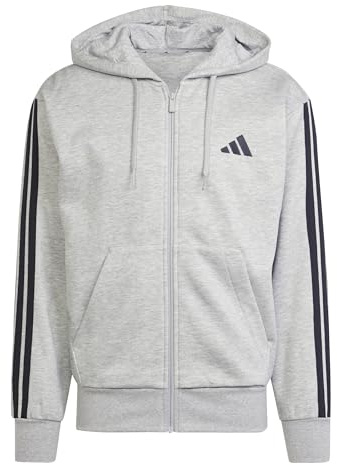adidas Men's Essential Three Stripes Fleece Zipper Hoodie Sweatshirt, medium grey heather/black, L