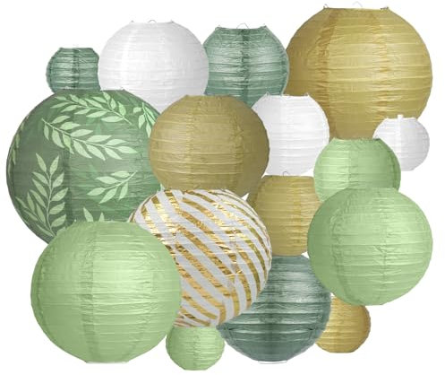 Party Decorations Paper Lanterns Set, 16PCS Sage Green White and Gold Chinese Japanese Hanging Paper Lantern for Green Boho Wedding Party, Birthday, Baby Shower, Bridal Showers, Neutral Party Decor