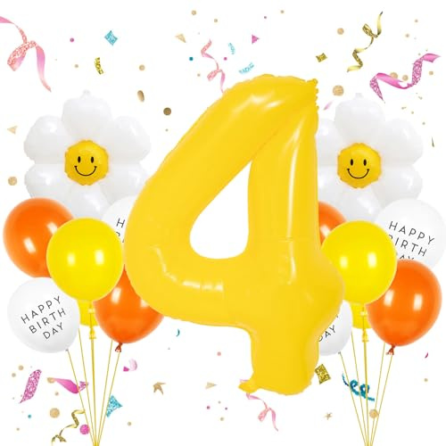 Geburtstagsdeko 4 Jahr, VUCDXOP 4 Jahr Gelb Geburtstag Deko, Luftballon 4. Geburtstags, Geburtstag Deko 4 jahre, Folienzahlen Ballons, Folienballon Zahl 4 für Geburtstags Party Dekoration