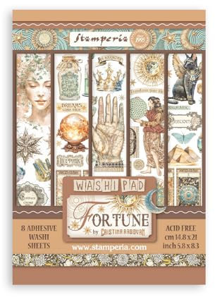 Stamperia - Washi Pad for Scrapbooking, Albums, Card Making, Bullet Journalling and More, Translucent and Easy to Cut, Acid Free, Perfect for Hobbies, Crafts, and Gifting (Fortune) (A5) (8 Sheets)