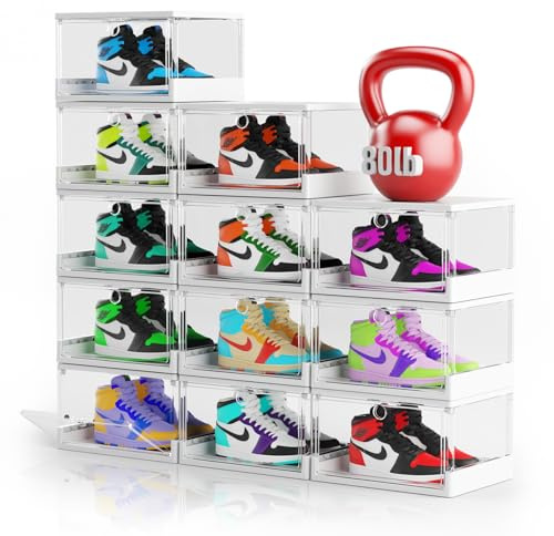 XUPAINC 12-pack stora stapelbara skoförvaringslådor – snabbmontering organiseringsskåp för garderob, magnetisk dörrskohylla robust och stabil, använd vertikalt utrymme, passar USA storlek 13 sneaker –