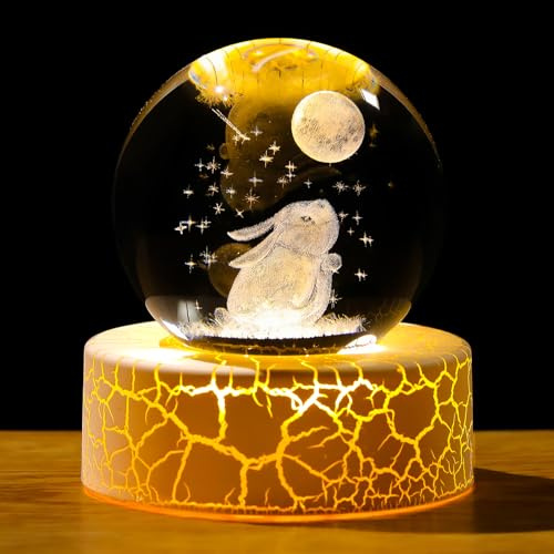 Crystal 3D Rabbit with Moon 2.36in Ball Figurine Gifts for Women Glass Animal Art for Room with Warm Light Base Keepsake for Rabbit Lovers Home Decor