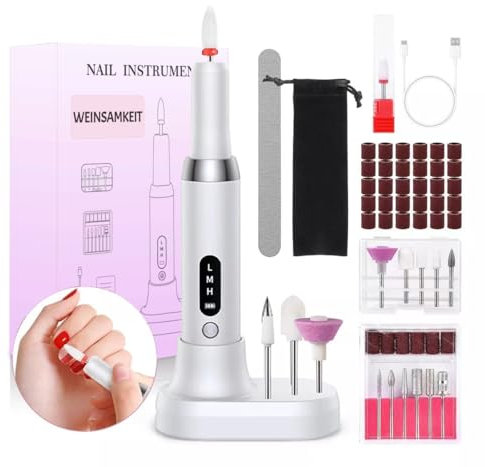 Weinsamkeit Nagelfräser Kabellos, 13 in 1 Nagelfräser Professionell für Gelnägel, 20000u/min 3 Geschwindigkeitsstufen Enstellbar, Maniküre und Pediküre Set Elektrisch, Nail Drill Hausgebrauch