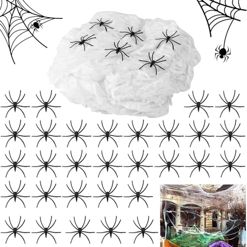 Ragnatela Bianca di Halloween 300g Spider Web + 60 Nero Finti Ragni Ragnatela Halloween Decorazione Ragnatele Finte Stretch Estensibili Bianca per Interni ed esterni Giardino Decorazione Horror