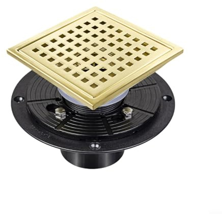 Fauhapyway Siphon de douche carré en acier inoxydable 304 avec bride - Système de drainage de salle de bain anti-obstruction - Design grille dorée - 10,2 cm - 15,2 cm