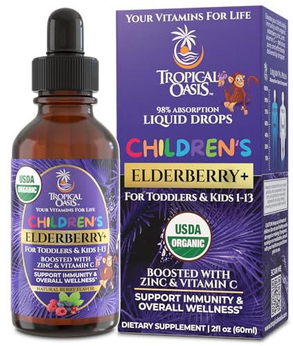 Tropical Oasis USDA Organic Liquid Vitamin Drops with Elderberry, Vitamin C and Zinc for Toddlers & Kids | Sugar Free | Vegan | Non-GMO | 2 Fl Oz