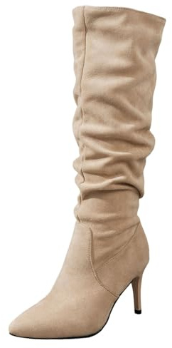 Stivali Donna Autunno Inverno Tacco Medio Comodi Stivaletti Lunghi alla Moda con Pieghe Eleganti per Uso Quotidiano e Occasioni Speciali (Khaki, 38)