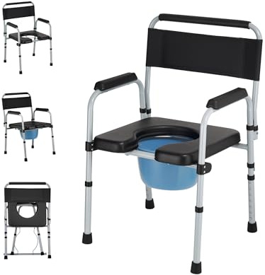 Bedside Commode, Foldable Adjustable Commode Toilet, 350 lb Capacity, Portable Bedside Toilet with Padded Seat & Backrest,bedside commodes for seniors and Mobility-Impaired Individuals