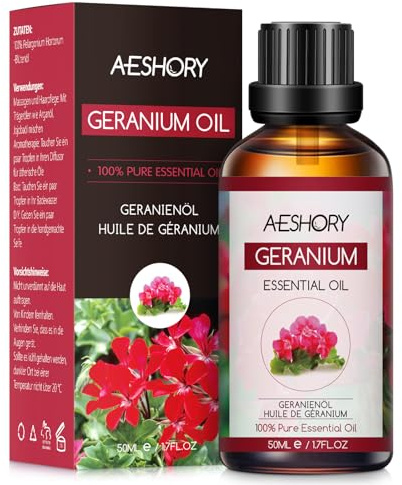 AESHORY Aceite Esencial de Geranio 50ML, Natural Aceite de Aromaterapia de Geranio, Aceites de Fragancia Premium para Humidificador Difusor, Masaje, Baño, Cuidado la Piel, Relajación y Calma