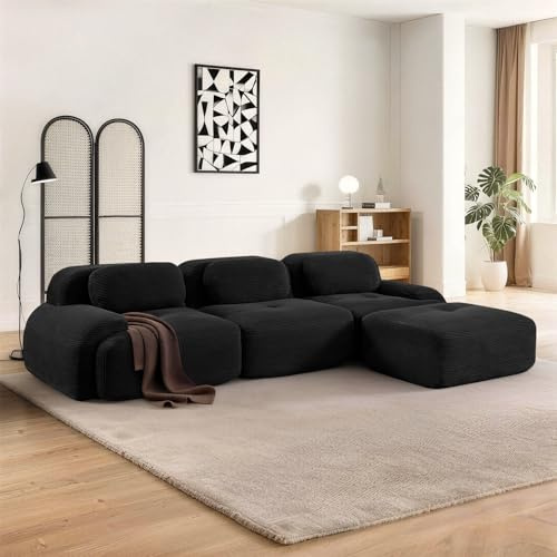 SoarFlash Canapé Moderne modulable, Tissu côtelé, Assise Profonde + accoudoirs Larges, sans Assemblage, 3 Places en L, Noir